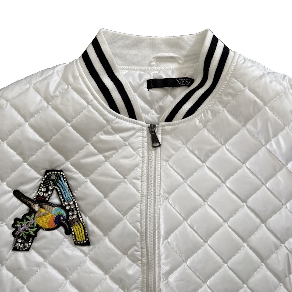 NESS woman's white & black quilted bomber jacket embroidered A with bird BOHO